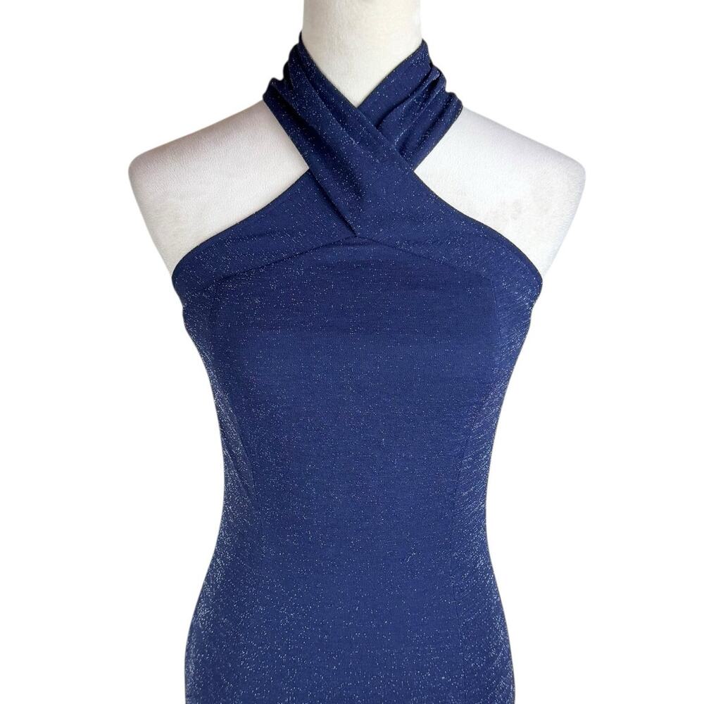 Tahari ASL Navy Sparkle Crossover Halter Slim Maxi Formal Cocktail Dress Gown - Picture 4 of 9